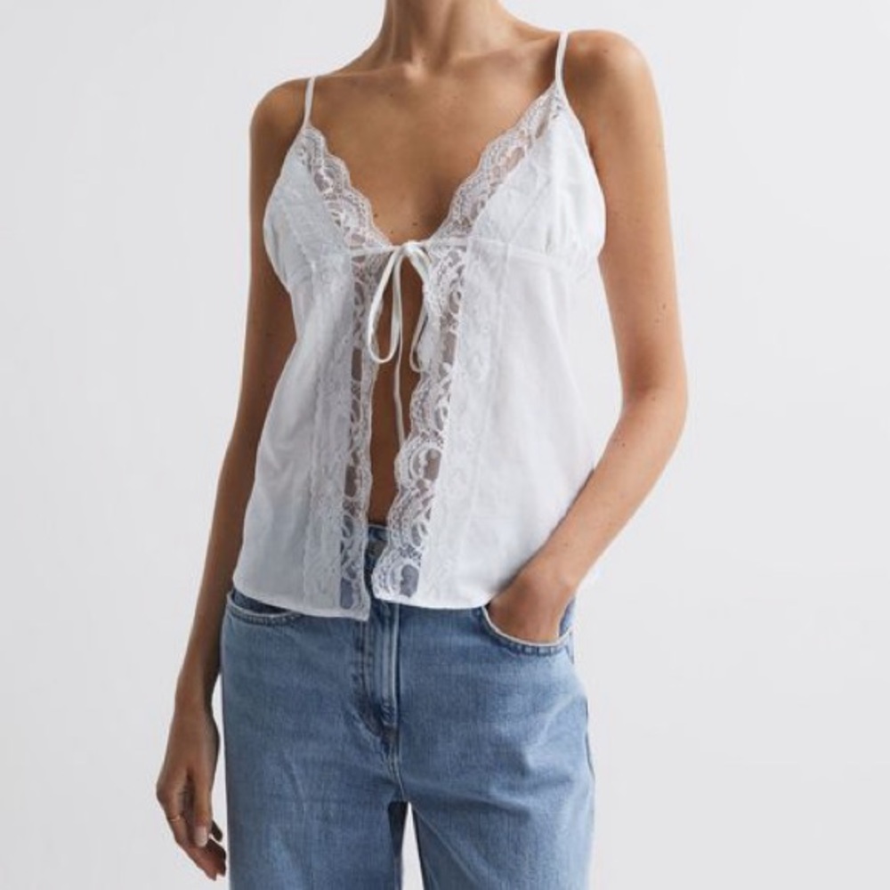 Maison Essentiele Lover Cami Tie Front White Linen Lace Tank Top XS
